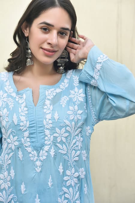 House Of Chikankari_Blue Modal Hand Embroidered Chikankari Malak Kurta And Flared Pant Set _at_Aza_Fashions