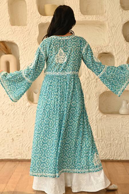 Shop House Of Chikankari Blue Mulmul Hand Embroidered Chikankari Leaf Neck Aidah Angrakha at Aza Fashions Shop_House Of Chikankari_Blue Mulmul Hand Embroidered Chikankari Leaf Neck Aidah Angrakha_at_Aza_Fashions