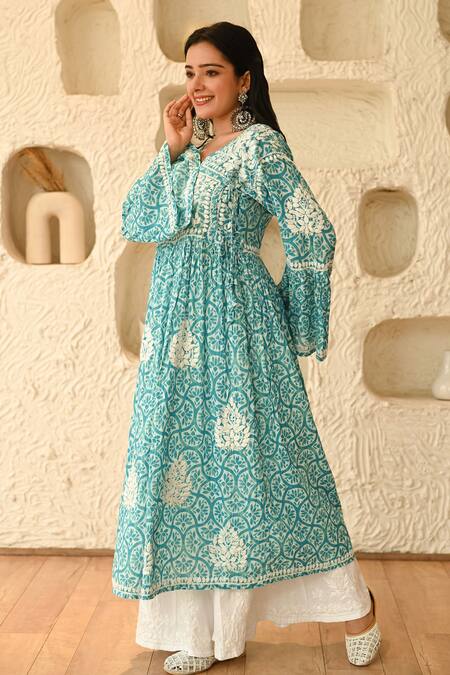 House Of Chikankari Blue Mulmul Hand Embroidered Chikankari Leaf Neck Aidah Angrakha Online at Aza Fashions House Of Chikankari_Blue Mulmul Hand Embroidered Chikankari Leaf Neck Aidah Angrakha_Online_at_Aza_Fashions