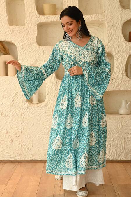 Shop House Of Chikankari Blue Mulmul Hand Embroidered Chikankari Leaf Neck Aidah Angrakha Online at Aza Fashions Shop_House Of Chikankari_Blue Mulmul Hand Embroidered Chikankari Leaf Neck Aidah Angrakha_Online_at_Aza_Fashions