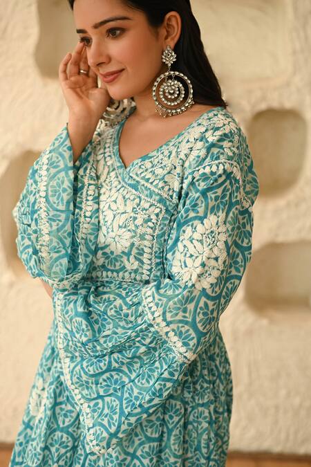 House Of Chikankari Blue Mulmul Hand Embroidered Chikankari Leaf Neck Aidah Angrakha at Aza Fashions House Of Chikankari_Blue Mulmul Hand Embroidered Chikankari Leaf Neck Aidah Angrakha_at_Aza_Fashions