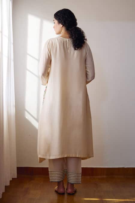Shop Dot Ivory Cotton, Silk Embroidery Round Neck Gia Pocket Kurta And Pant Set at Aza Fashions Shop_Dot_Ivory Cotton, Silk Embroidery Round Neck Gia Pocket Kurta And Pant Set _at_Aza_Fashions