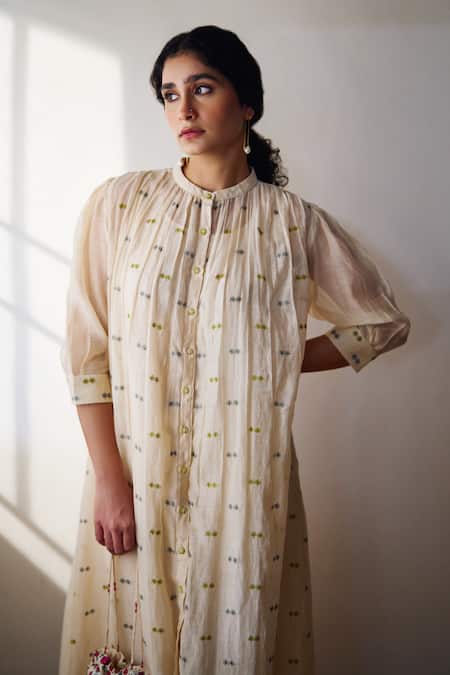 Dot Ivory Chanderi Embroidery Bandeau Neck Kahili Kurta With Pant Online at Aza Fashions Dot_Ivory Chanderi Embroidery Bandeau Neck Kahili Kurta With Pant _Online_at_Aza_Fashions