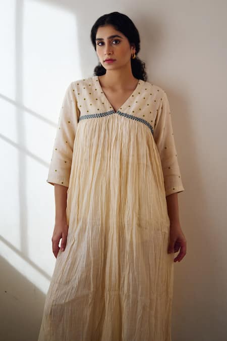 Dot Ivory Cotton Embroidery V-neck Nyla Yoke Kurta And Pant Set Online at Aza Fashions Dot_Ivory Cotton Embroidery V-neck Nyla Yoke Kurta And Pant Set _Online_at_Aza_Fashions