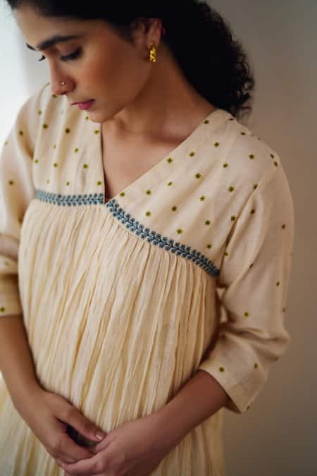 Buy Dot Ivory Cotton Embroidery V-neck Nyla Yoke Kurta And Pant Set Online at Aza Fashions Buy_Dot_Ivory Cotton Embroidery V-neck Nyla Yoke Kurta And Pant Set _Online_at_Aza_Fashions