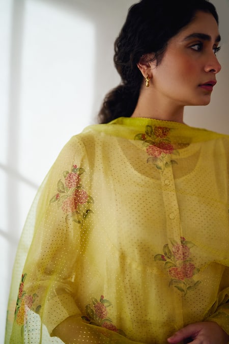 Shop Dot Yellow Organza Embroidery Oleande Rose Print Dupatta at Aza Fashions Shop_Dot_Yellow Organza Embroidery Oleande Rose Print Dupatta _at_Aza_Fashions