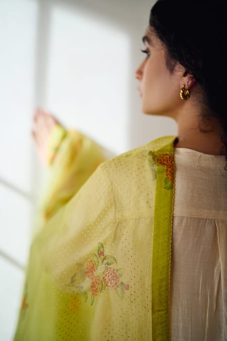 Shop Dot Yellow Organza Embroidery Oleande Rose Print Dupatta Online at Aza Fashions Shop_Dot_Yellow Organza Embroidery Oleande Rose Print Dupatta _Online_at_Aza_Fashions