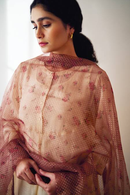 Shop_Dot_Pink Organza Embroidery Oleander Rose Print Dupatta _at_Aza_Fashions