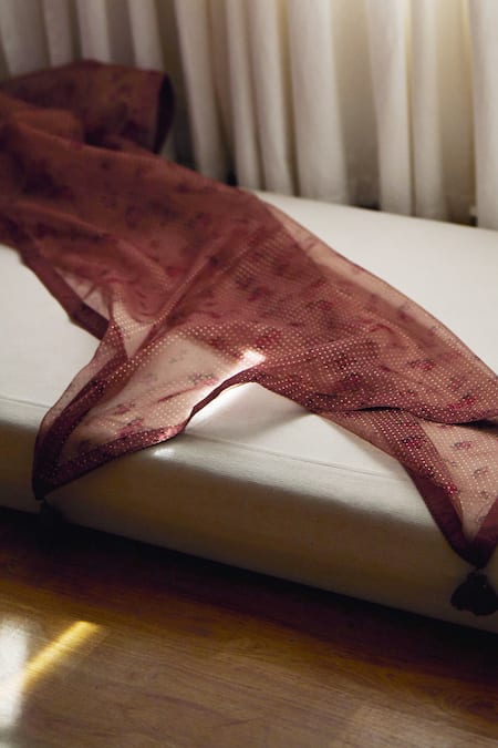 Dot_Pink Organza Embroidery Oleander Rose Print Dupatta _Online_at_Aza_Fashions