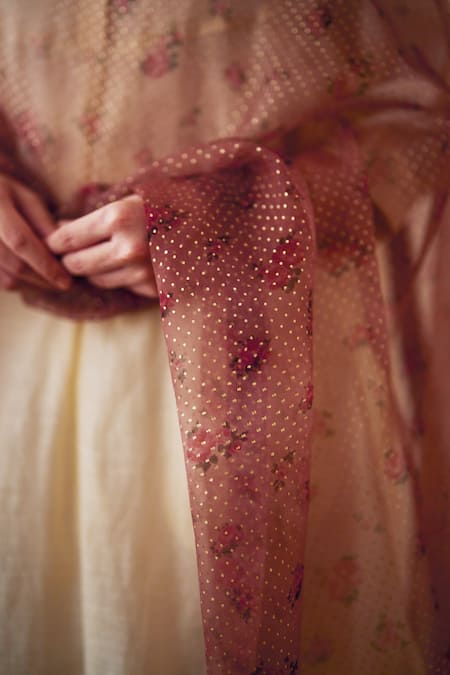 Dot_Pink Organza Embroidery Oleander Rose Print Dupatta _at_Aza_Fashions