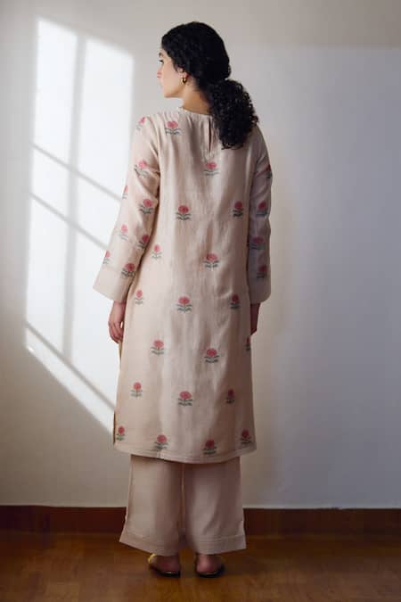 Shop Dot Ivory Chanderi Embroidery Round Neck Zuri Hand Kurta And Pant Set at Aza Fashions Shop_Dot_Ivory Chanderi Embroidery Round Neck Zuri Hand Kurta And Pant Set _at_Aza_Fashions