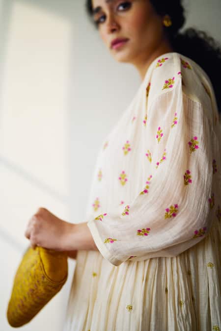 Dot_Ivory Chanderi Embroidery Round Neck Coral Vine Gathered Anarkali And Pant Set _Online_at_Aza_Fashions