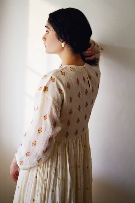 Buy_Dot_Ivory Chanderi Embroidery Round Neck Coral Vine Gathered Anarkali And Pant Set _Online_at_Aza_Fashions