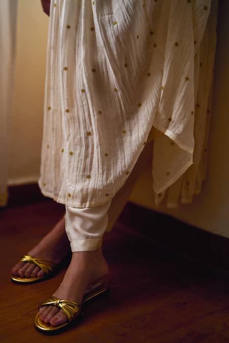 Shop_Dot_Ivory Chanderi Embroidery Round Neck Coral Vine Gathered Anarkali And Pant Set _Online_at_Aza_Fashions