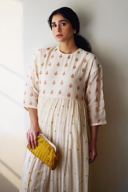 Dot_Ivory Chanderi Embroidery Round Neck Coral Vine Gathered Anarkali And Pant Set _at_Aza_Fashions