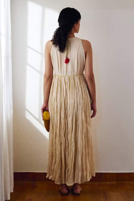 Shop Dot Ivory Cotton Round Neck Daisy Gathered Anarkali And Pant Set at Aza Fashions Shop_Dot_Ivory Cotton Round Neck Daisy Gathered Anarkali And Pant Set _at_Aza_Fashions