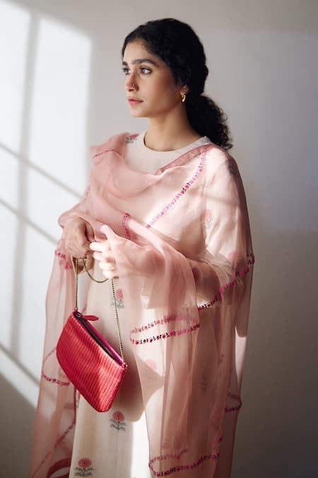 Shop Dot Pink Organza Tassels Florina Dupatta Online at Aza Fashions Shop_Dot_Pink Organza Tassels Florina Dupatta _Online_at_Aza_Fashions