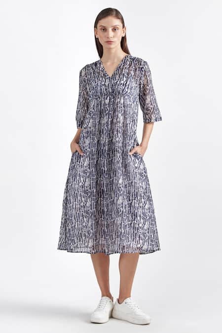 Perona Blue Cotton, Silk V-neck Abstract Print Dress 