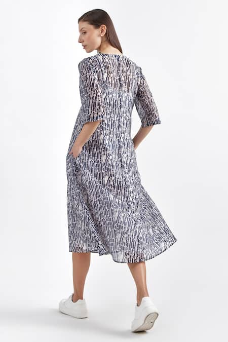 Shop Perona Blue Cotton, Silk V-neck Abstract Print Dress at Aza Fashions Shop_Perona_Blue Cotton, Silk V-neck Abstract Print Dress _at_Aza_Fashions