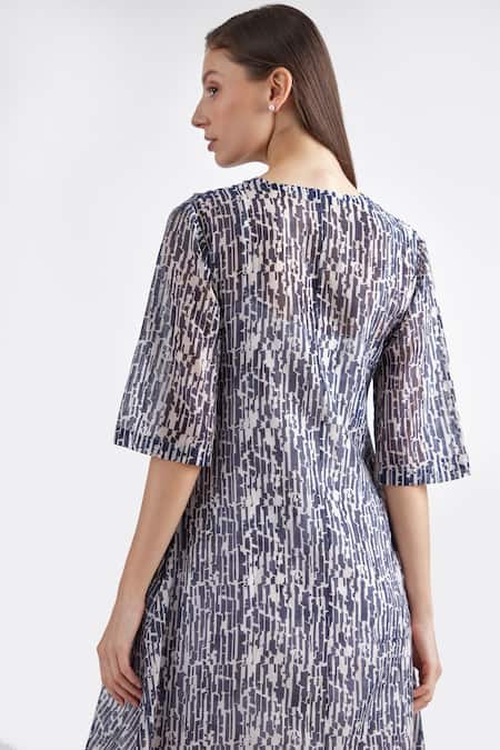 Shop Perona Blue Cotton, Silk V-neck Abstract Print Dress Online at Aza Fashions Shop_Perona_Blue Cotton, Silk V-neck Abstract Print Dress _Online_at_Aza_Fashions