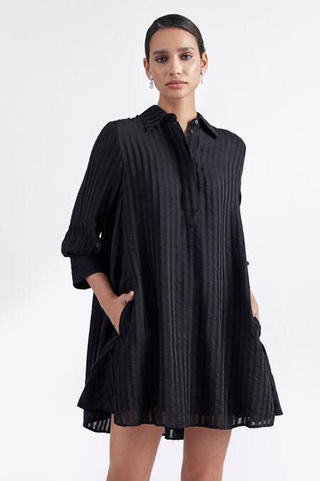 Perona_Black Viscose Collared Front Buttoned A-line Dress _Online_at_Aza_Fashions