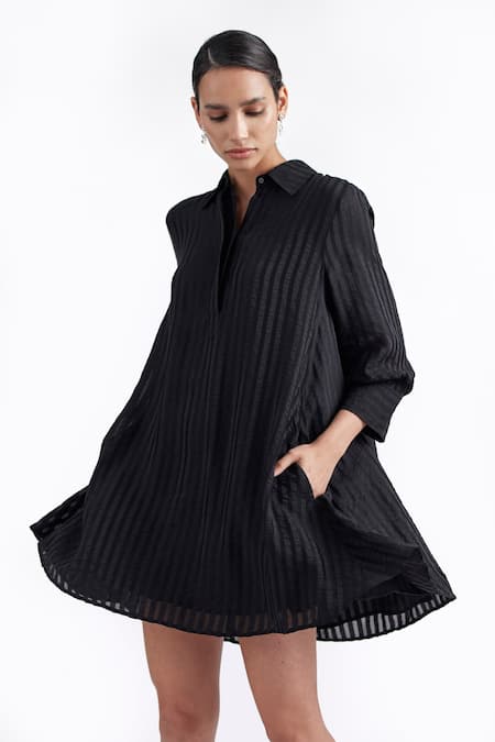 Buy_Perona_Black Viscose Collared Front Buttoned A-line Dress _Online_at_Aza_Fashions