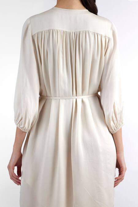Perona_Ivory Viscose, Linen Bandeau Neck Solid Pleated Dress_Online_at_Aza_Fashions