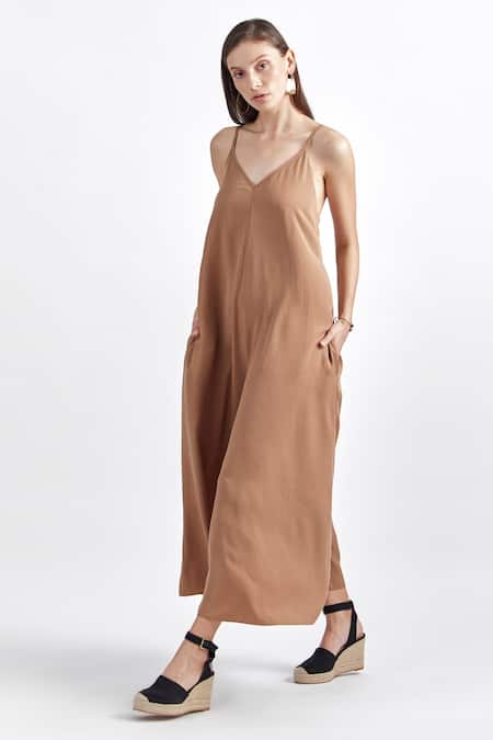 Shop Perona Brown Lycra V-neck Solid A-line Jumpsuit at Aza Fashions Shop_Perona_Brown Lycra V-neck Solid A-line Jumpsuit_at_Aza_Fashions