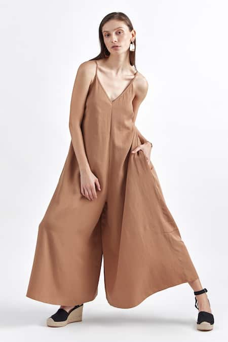 Perona Brown Lycra V-neck Solid A-line Jumpsuit Online at Aza Fashions Perona_Brown Lycra V-neck Solid A-line Jumpsuit_Online_at_Aza_Fashions