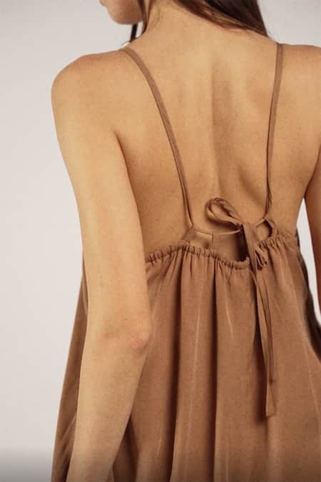 Shop Perona Brown Lycra V-neck Solid A-line Jumpsuit Online at Aza Fashions Shop_Perona_Brown Lycra V-neck Solid A-line Jumpsuit_Online_at_Aza_Fashions