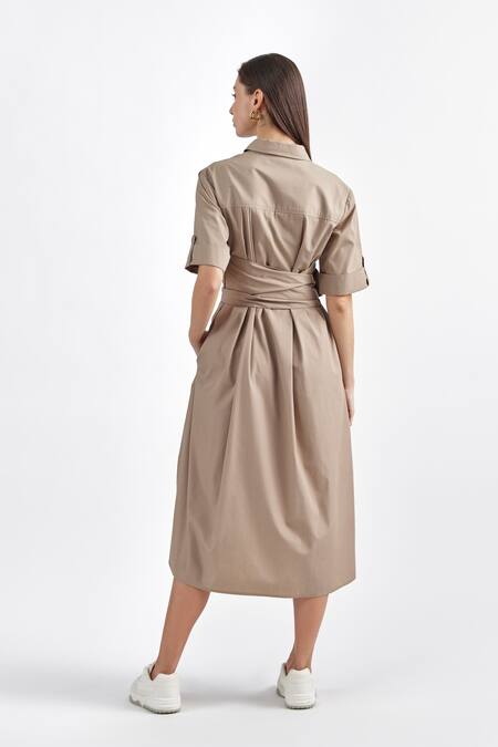 Buy_Perona_Brown Terrycloth, Cotton Collared Solid Midi Dress