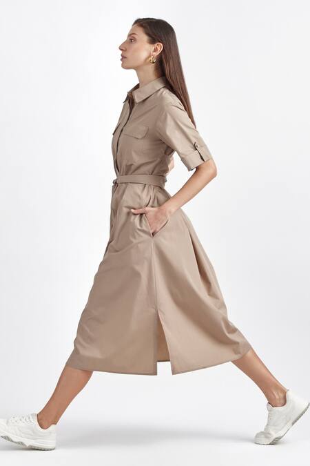 Shop_Perona_Brown Terrycloth, Cotton Collared Solid Midi Dress