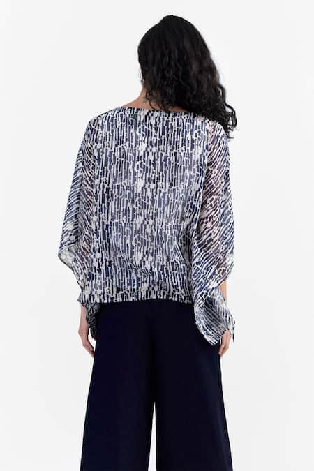 Shop Perona Blue Cotton, Silk Boat Neck Abstract Print Top at Aza Fashions Shop_Perona_Blue Cotton, Silk Boat Neck Abstract Print Top _at_Aza_Fashions