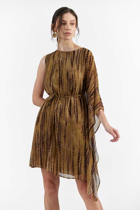 Perona_Brown Polyester Boat Neck Abstract Pattern Dress _Online_at_Aza_Fashions