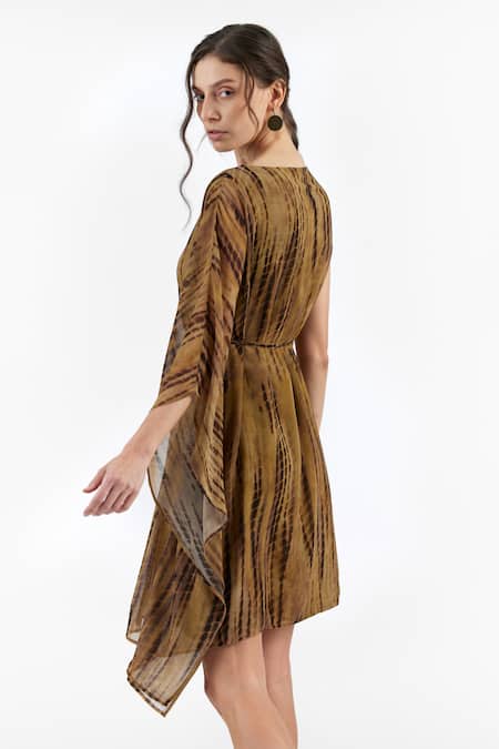 Buy_Perona_Brown Polyester Boat Neck Abstract Pattern Dress _Online_at_Aza_Fashions