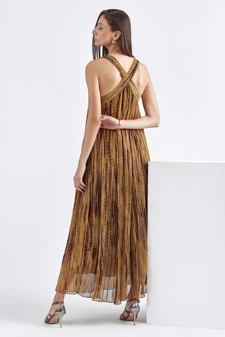 Shop Perona Brown Taffeta Round Neck Abstract Print Maxi Dress at Aza Fashions Shop_Perona_Brown Taffeta Round Neck Abstract Print Maxi Dress _at_Aza_Fashions