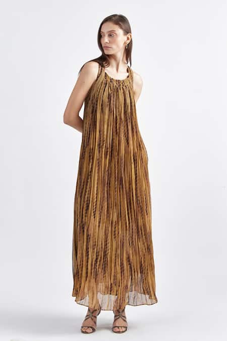 Perona Brown Taffeta Round Neck Abstract Print Maxi Dress Online at Aza Fashions Perona_Brown Taffeta Round Neck Abstract Print Maxi Dress _Online_at_Aza_Fashions