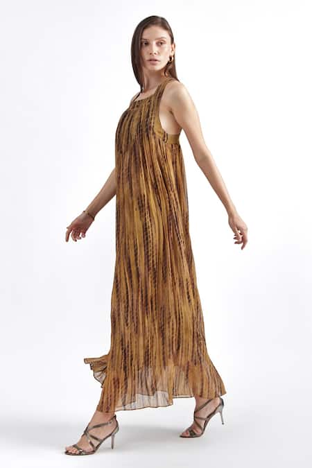 Buy Perona Brown Taffeta Round Neck Abstract Print Maxi Dress Online at Aza Fashions Buy_Perona_Brown Taffeta Round Neck Abstract Print Maxi Dress _Online_at_Aza_Fashions