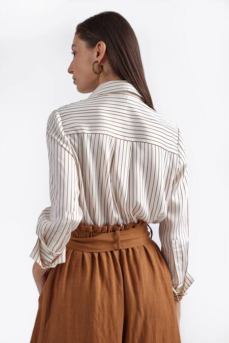 Shop Perona White Collared Striped Pattern Shirt at Aza Fashions Shop_Perona_White Collared Striped Pattern Shirt _at_Aza_Fashions