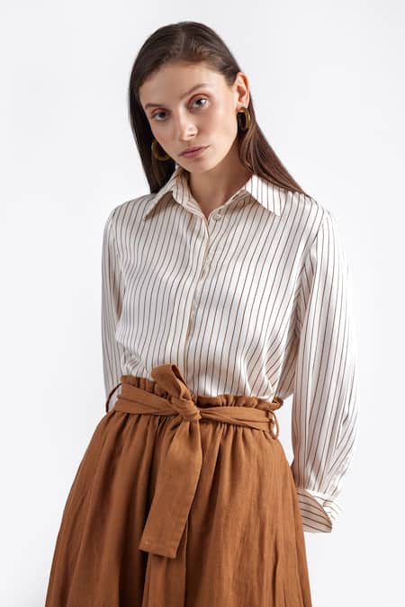 Shop Perona White Collared Striped Pattern Shirt Online at Aza Fashions Shop_Perona_White Collared Striped Pattern Shirt _Online_at_Aza_Fashions