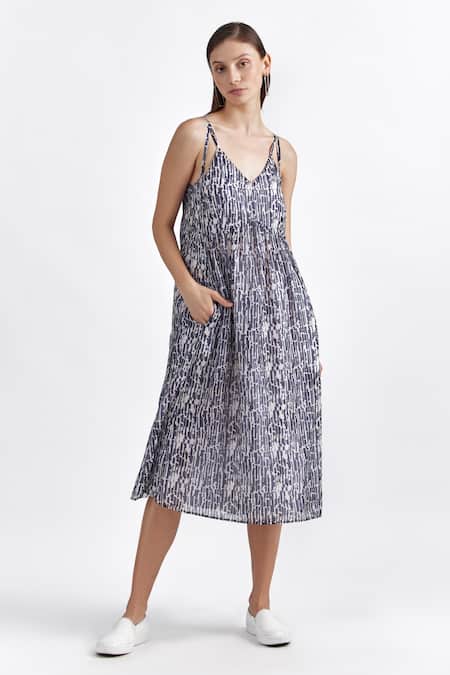 Perona Blue Cotton, Silk V-neck Abstract Print Dress 