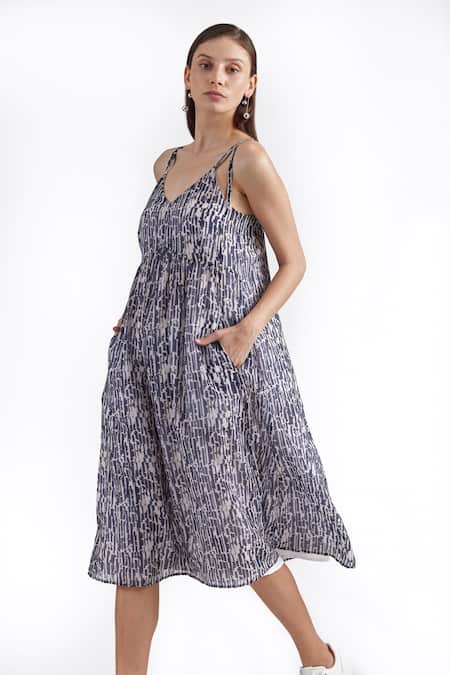 Perona Blue Cotton, Silk V-neck Abstract Print Dress Online at Aza Fashions Perona_Blue Cotton, Silk V-neck Abstract Print Dress _Online_at_Aza_Fashions