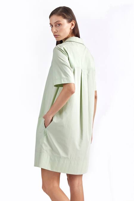 Perona Green Cotton Collared Front Zipper Dress 2