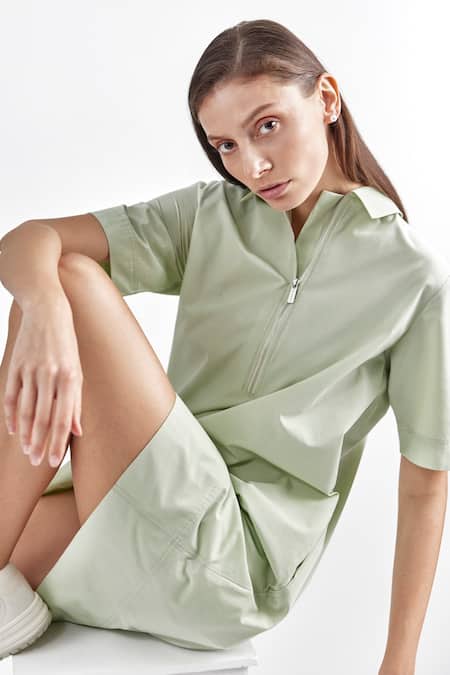 Perona Green Cotton Collared Front Zipper Dress 4