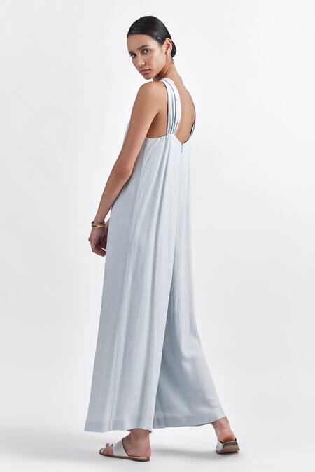 Perona Blue Viscose, Linen Halter Neck Twisted Jumpsuit Online at Aza Fashions Perona_Blue Viscose, Linen Halter Neck Twisted Jumpsuit _Online_at_Aza_Fashions