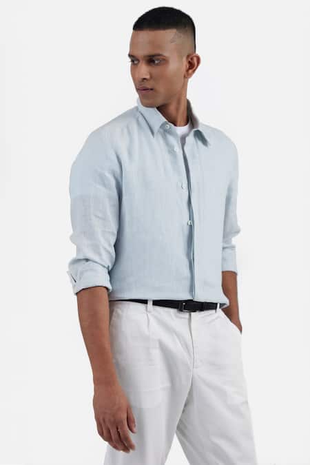 Perona_Blue Linen Marco Plain Shirt _Online_at_Aza_Fashions
