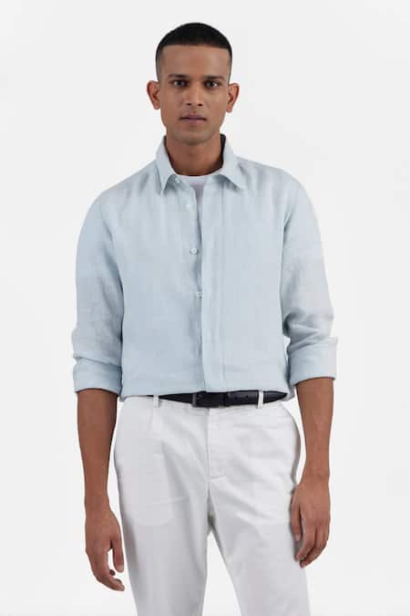 Buy_Perona_Blue Linen Marco Plain Shirt _Online_at_Aza_Fashions