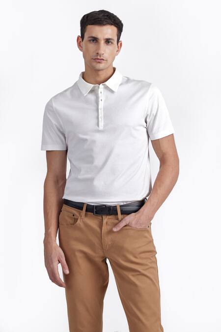Perona White Cotton Hernan Plain Polo Tee Online at Aza Fashions Perona_White Cotton Hernan Plain Polo Tee _Online_at_Aza_Fashions