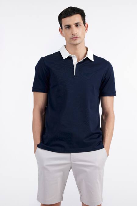 Perona Blue Cotton Ignatius Contrast Collared Tee Online at Aza Fashions Perona_Blue Cotton Ignatius Contrast Collared Tee _Online_at_Aza_Fashions