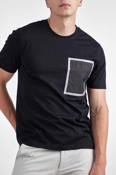 Buy_Perona_Black Cotton Zaid Placement Square Pattern Tee_Online_at_Aza_Fashions